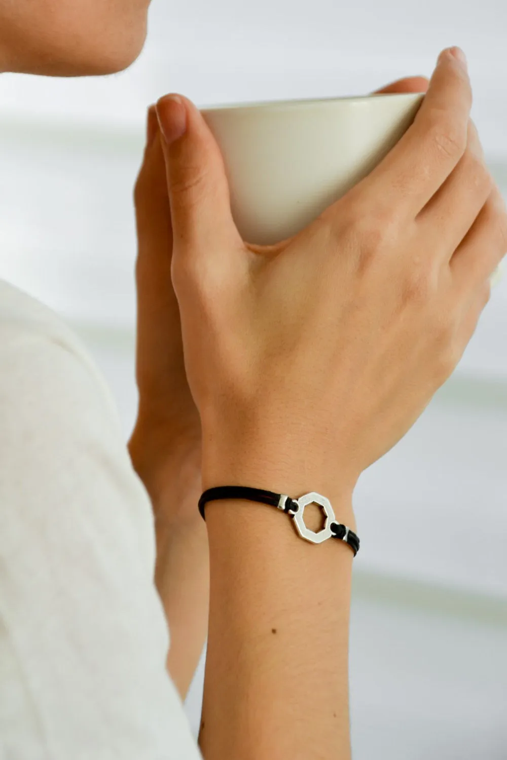Silver Hexagon charm bracelet for women, black cord, gift for her
